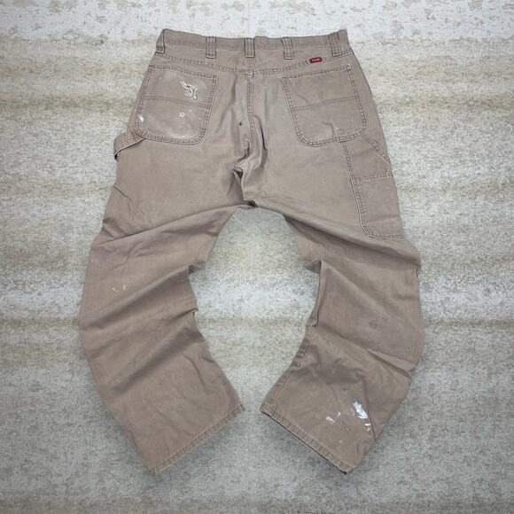Vintage 90s Wrangler Carpenter Pants 36x34 Baggy Fit Tan Canvas Dungarees - Picture 2 of 6